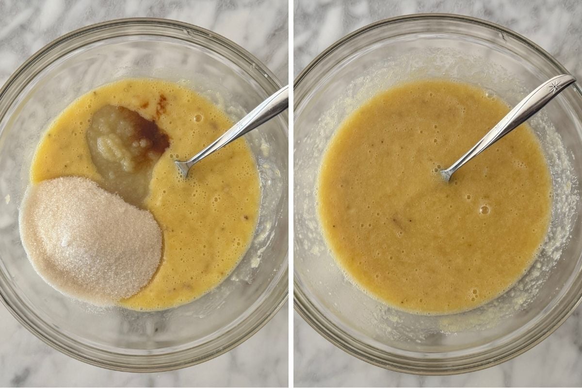 Wet ingredients combined for cranberry banana oat muffins