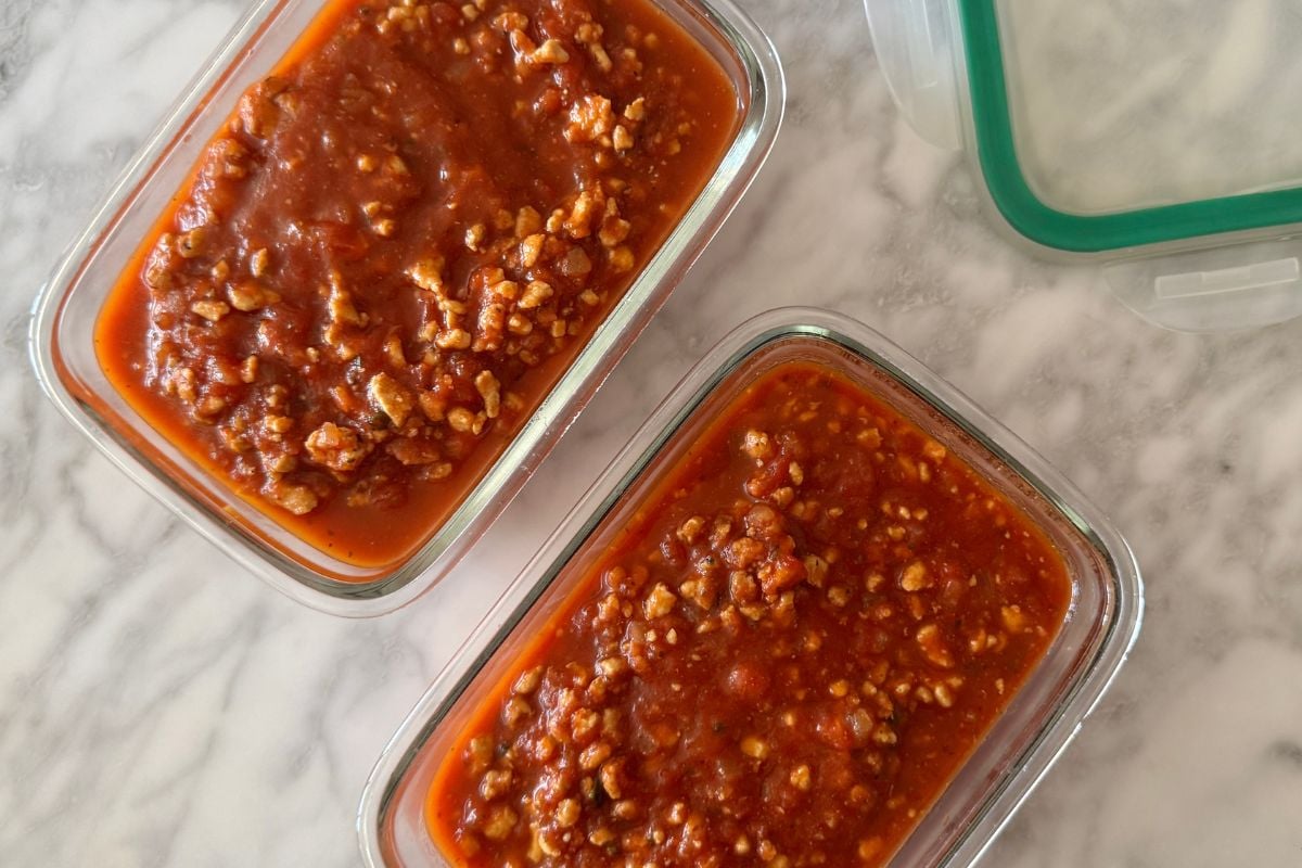 Healthy turkey bolognese in meal prep containers