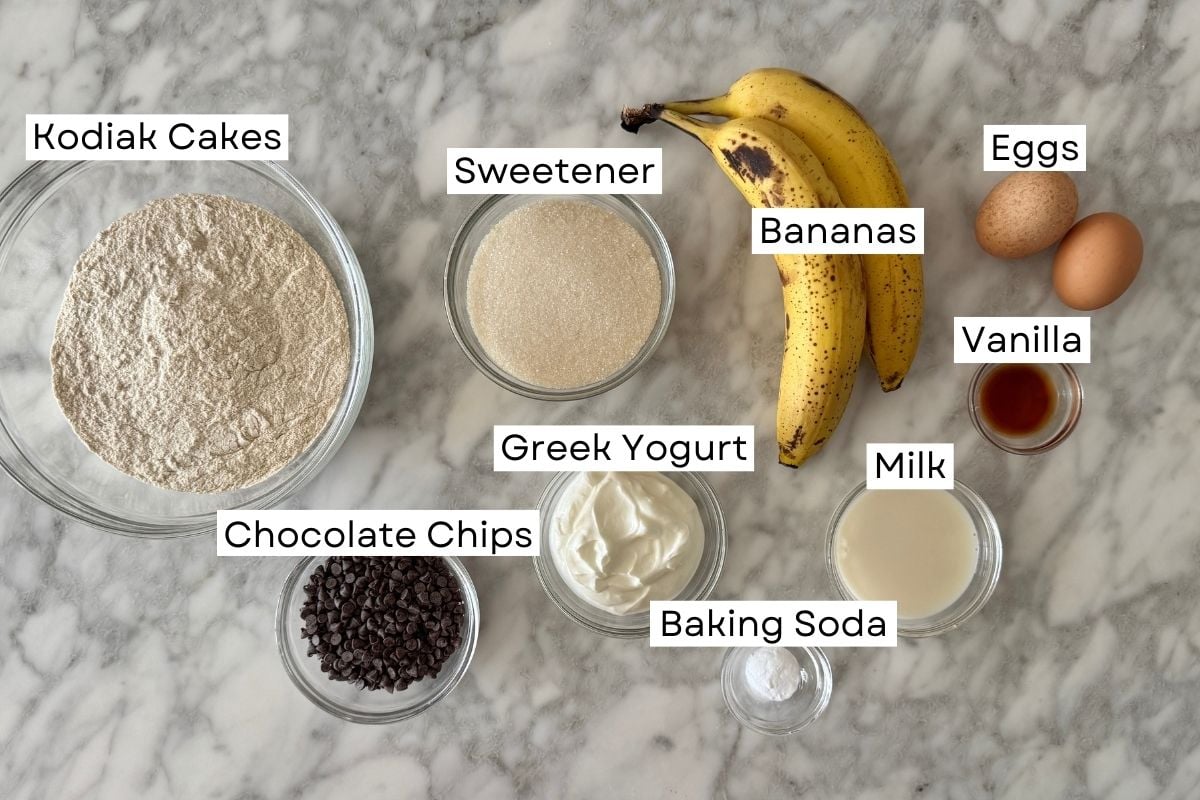 Ingredients needed for banana chocolate chip Kodiak muffins