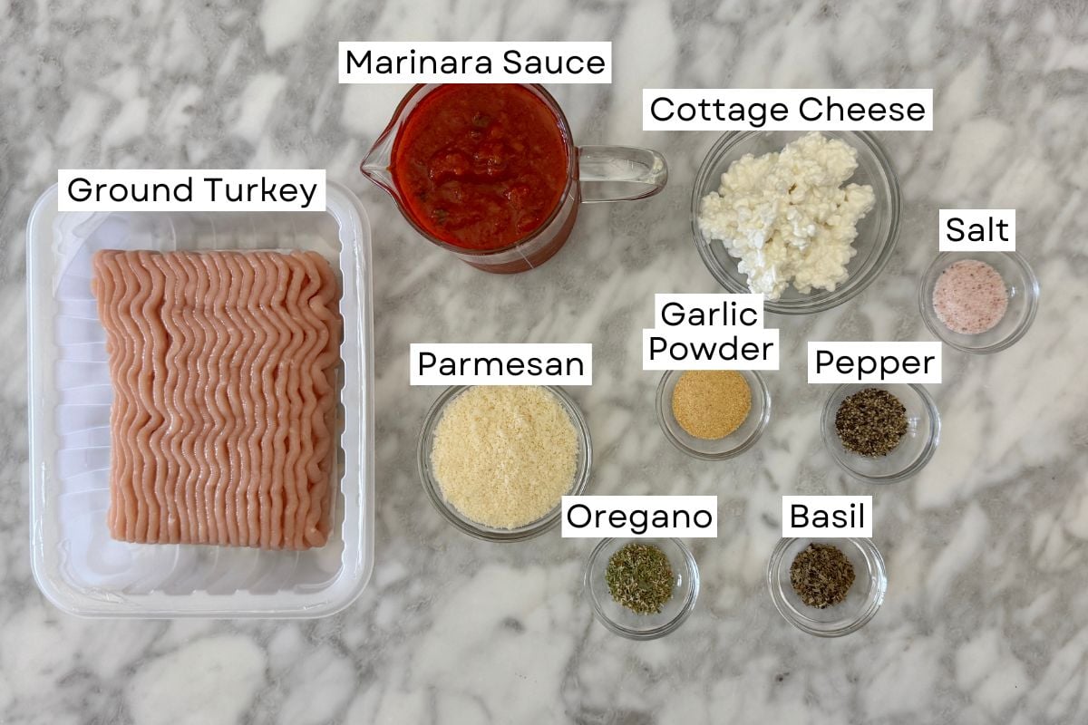 Ingredients needed for cottage cheese turkey meatballs in bowls.