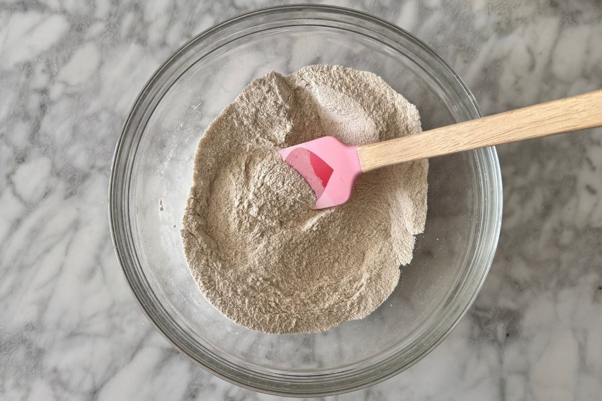 Mixed Kodiak Cakes mix with baking soda in bowl