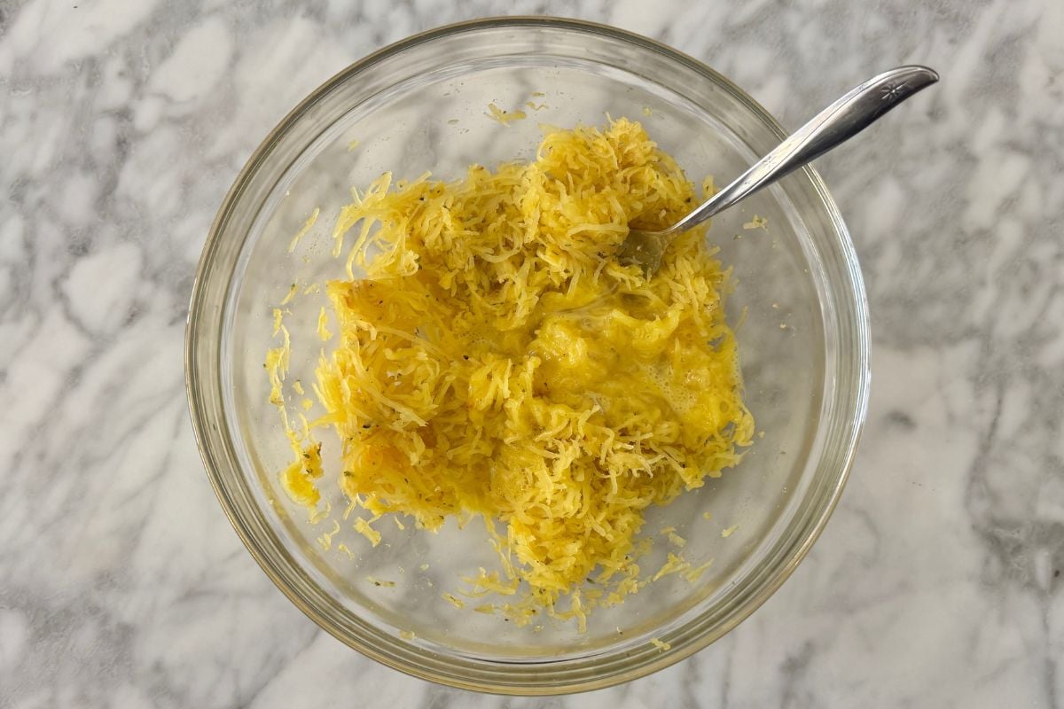 Mixed spaghetti squash strands with egg