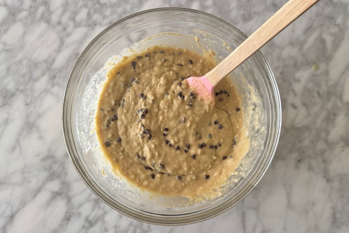 Muffin batter for Kodiak muffins with banana and chocolate chips