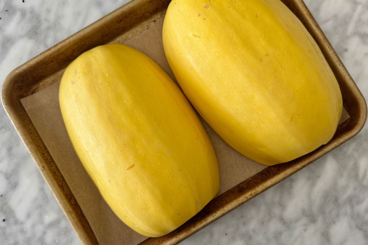 Spaghetti squash on baking sheet