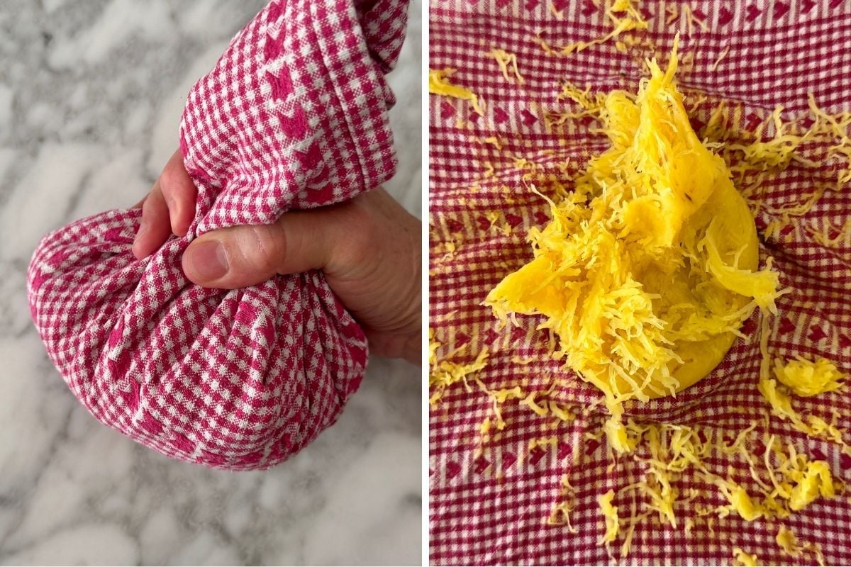 Spaghetti squash strands squeezed in towel
