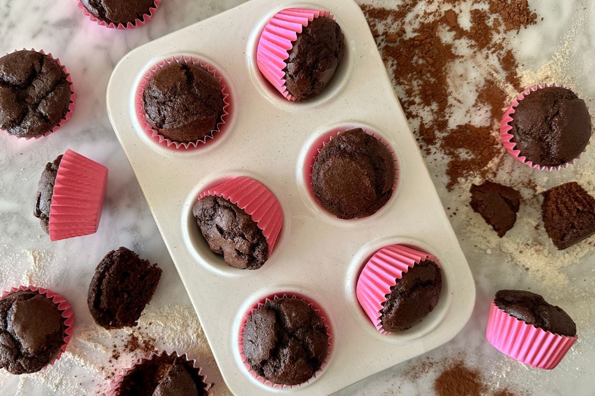 Chocolate Kodiak Protein Muffins in a muffin pan | Healthy Foodie Girl Chocolate Kodiak Protein Muffins in a muffin pan.