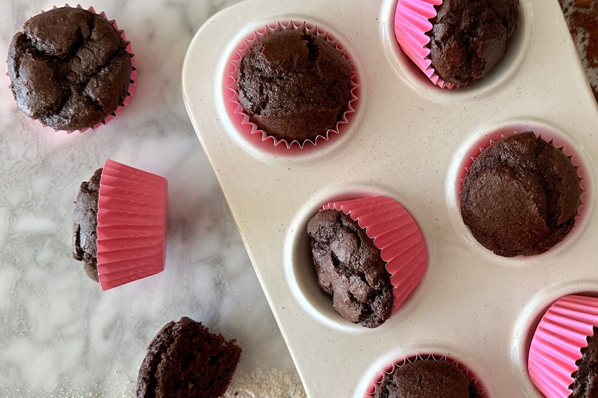 Chocolate Kodiak muffins in a muffin pan | Healthy Foodie Girl Chocolate Kodiak muffins in a muffin pan.
