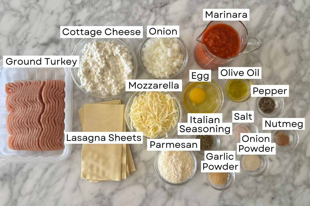 Ingredients needed for high-protein cottage cheese lasagna in bowls.