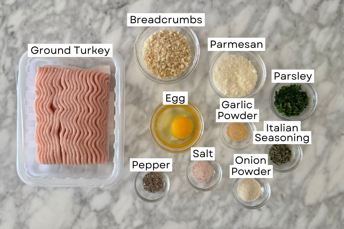 Ingredients for air fryer turkey meatballs in bowls.