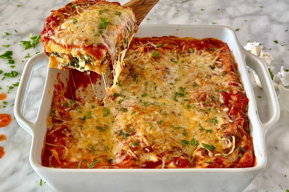 Baked cottage cheese spinach lasagna.