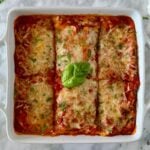 Cottage cheese spinach lasagna in a baking dish.
