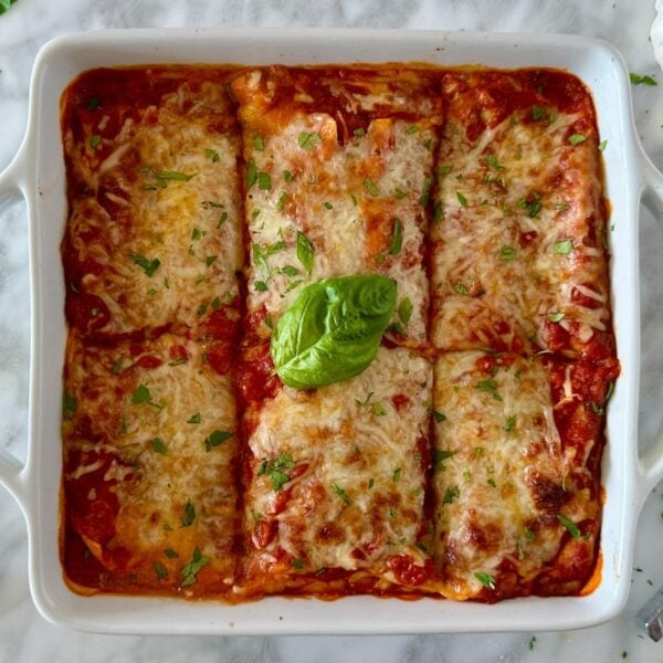 Cottage cheese spinach lasagna in a baking dish.
