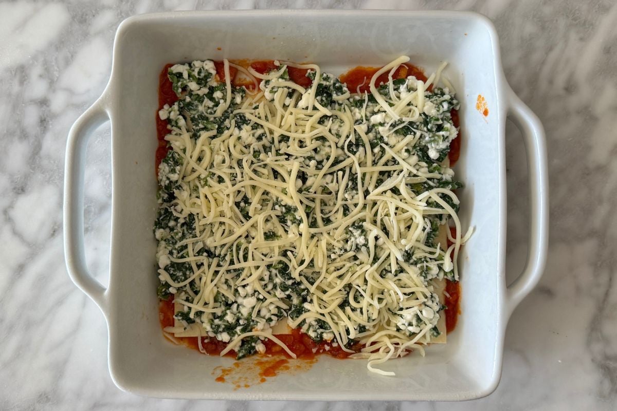 Cottage cheese spinach mixture in lasagna.