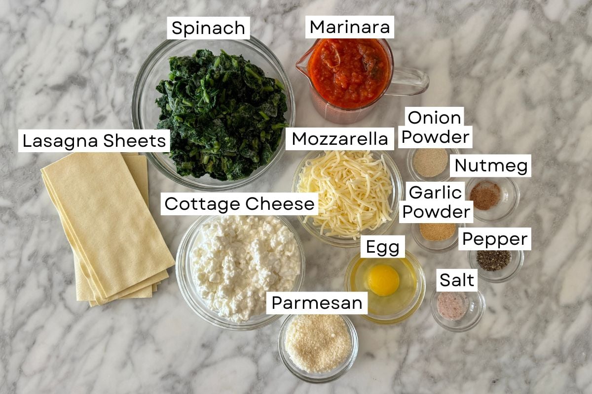 Ingredients for cottage cheese spinach lasagna in bowls.
