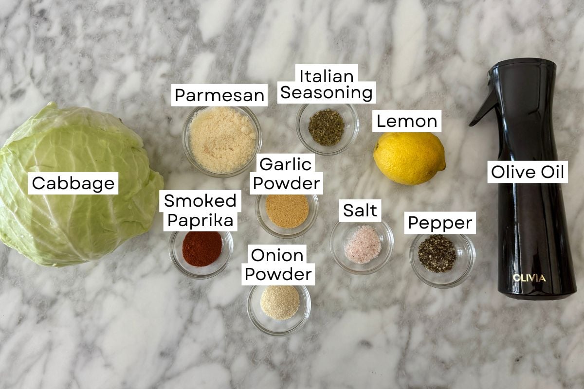 Ingredients for roasted cabbage steaks with parmesan in bowls.