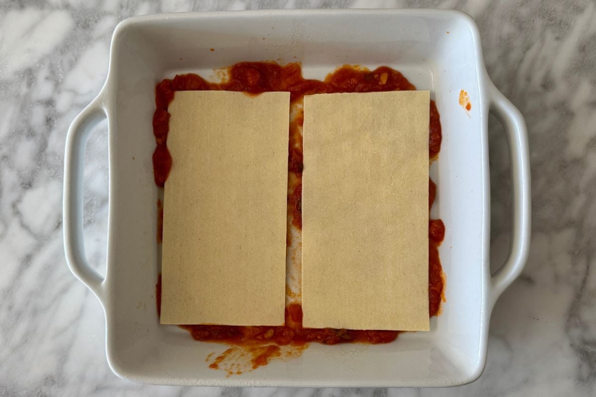 Lasagna sheets in a baking dish.