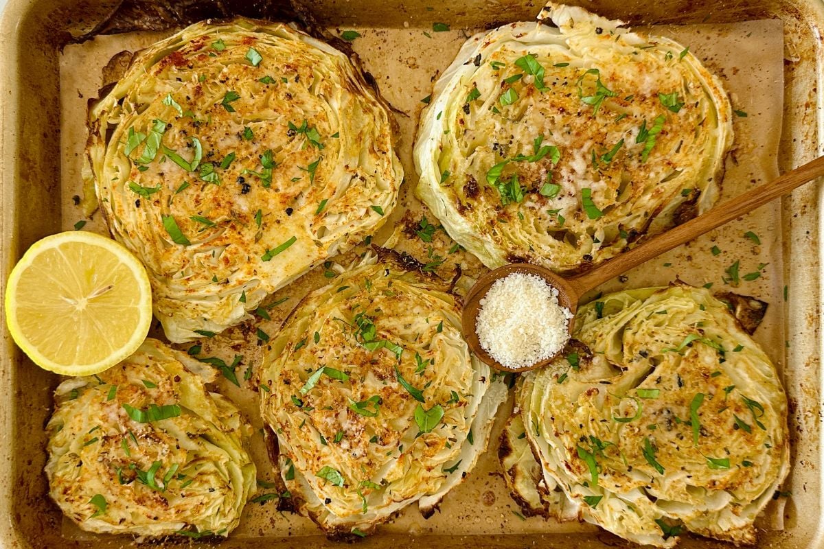 Roasted cabbage on a sheet pan.
