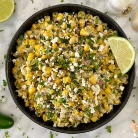 Healthy Mexican Street Corn Salad Without Mayo in a bowl.