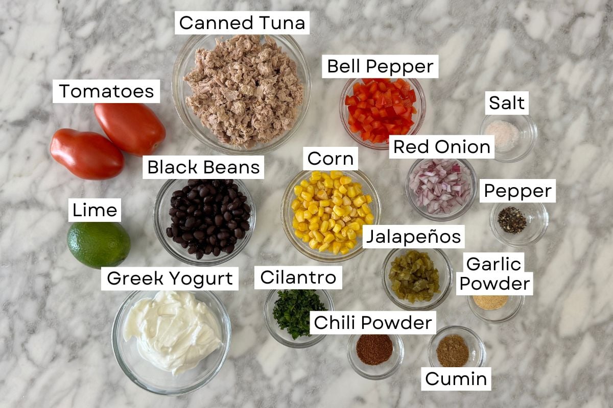 Ingredients for Mexican tuna salad recipe in bowls.