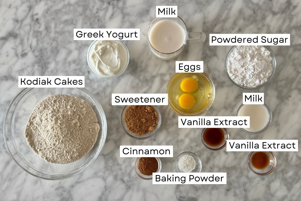 Ingredients for sheet pan cinnamon roll pancakes in a bowl.