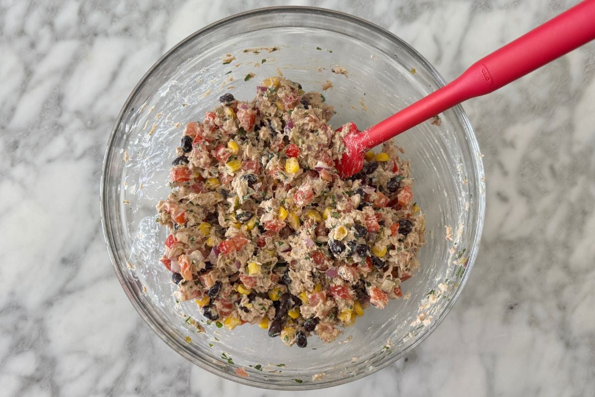 Mixed Mexican tuna salad in a bowl.