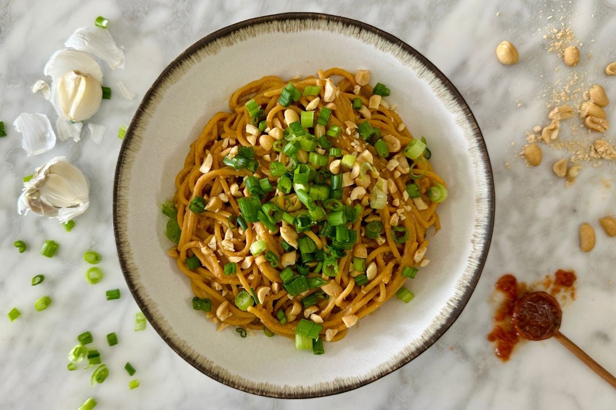 Peanut noodles with PB2 served in a bowl.