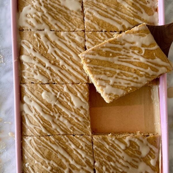 Sheet Pan Cinnamon Roll Pancakes Recipe on a sheet pan.