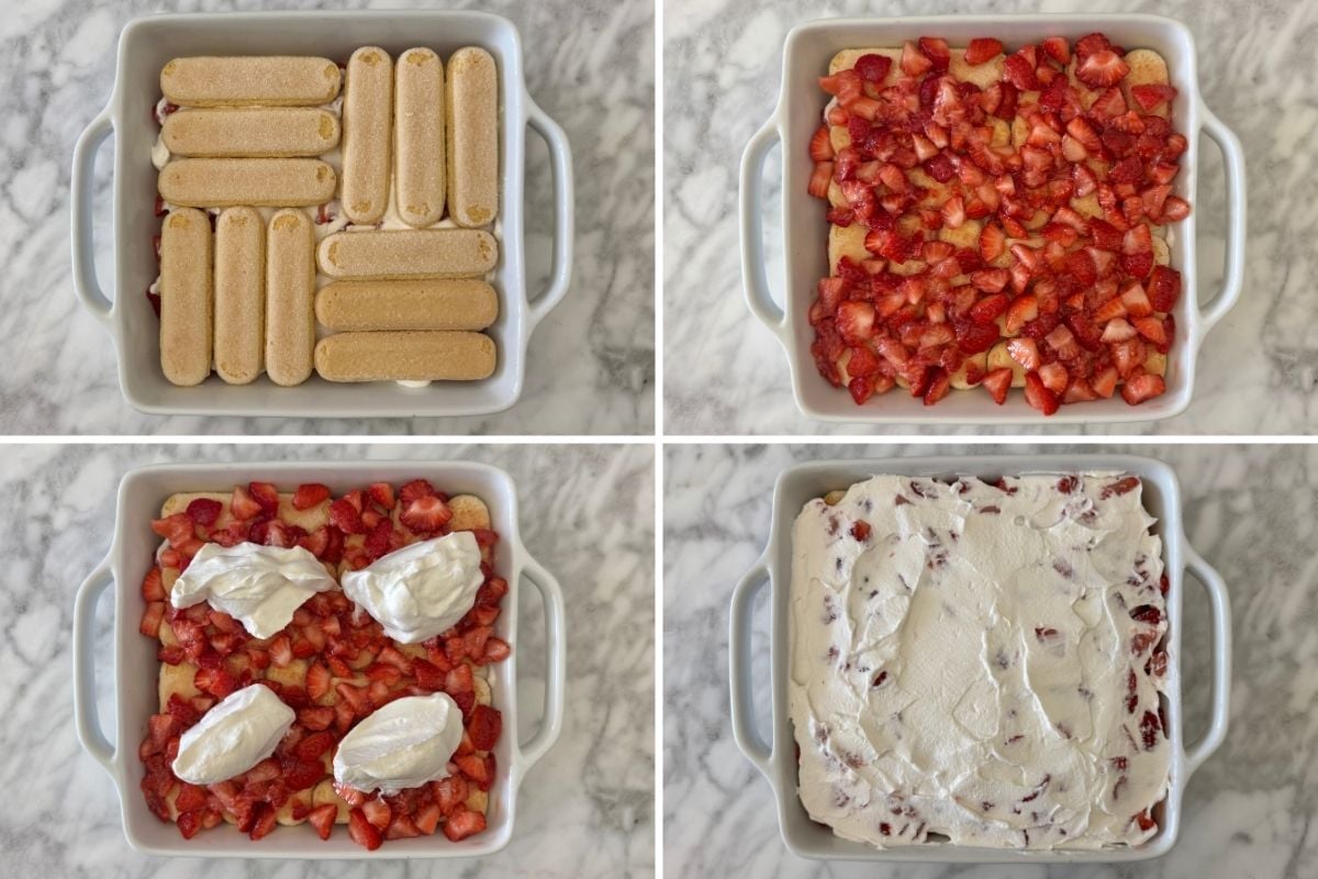 Assembled strawberry tiramisu in a dish.