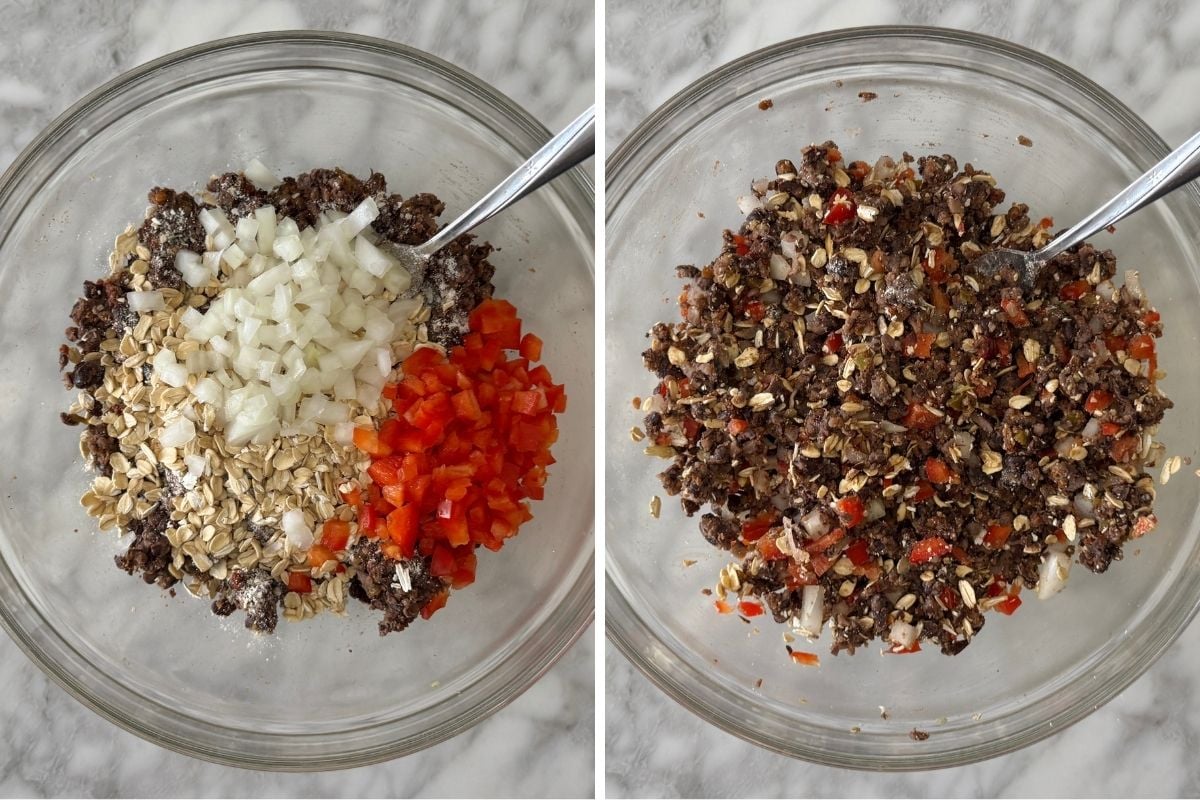 Bell pepper and onion in black bean burger mixture in bowl.