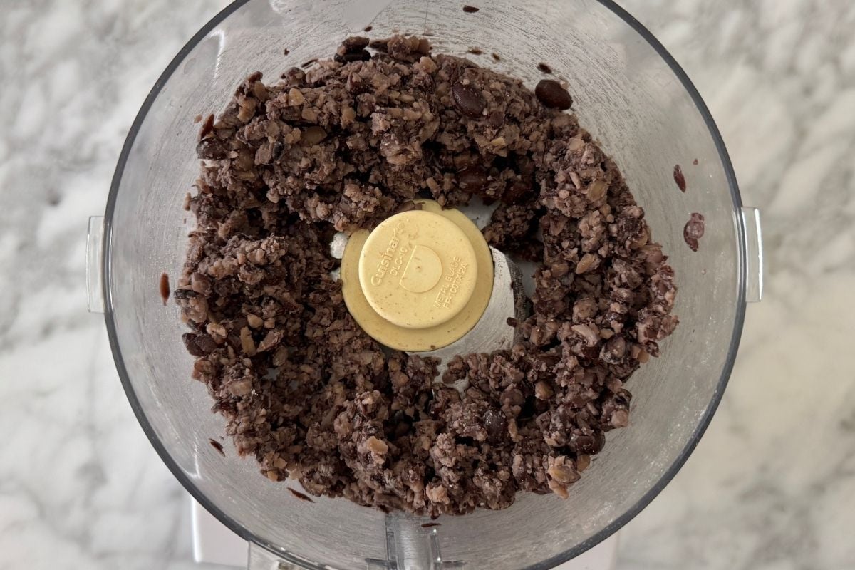 Black beans lightly pulsed in food processor.