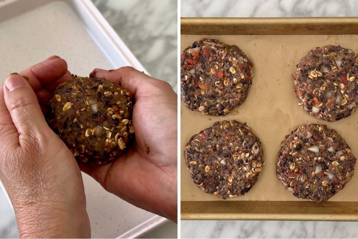 Formed black bean burger patties on sheet pan.