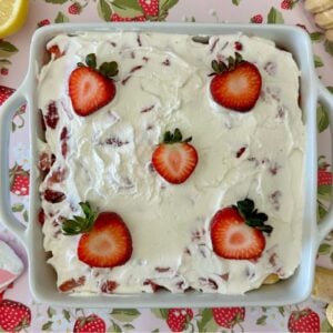 Healthy strawberry tiramisu served in a dish.
