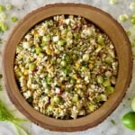 High-Protein Mexican Street Corn Pasta Salad served in a bowl.