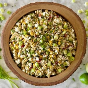 High-Protein Mexican Street Corn Pasta Salad served in a bowl | Healthy Foodie Girl High-Protein Mexican Street Corn Pasta Salad served in a bowl.