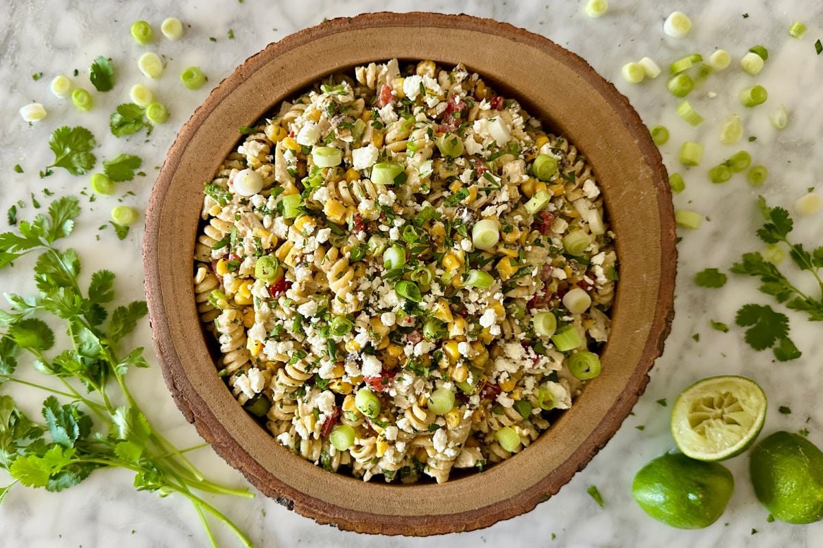 High-Protein Mexican Street Corn Pasta Salad served in a bowl | Healthy Foodie Girl High-Protein Mexican Street Corn Pasta Salad served in a bowl.
