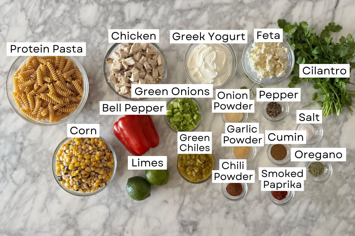 Ingredients for Mexican street corn pasta salad in bowls | Healthy Foodie Girl Ingredients for Mexican street corn pasta salad in bowls.