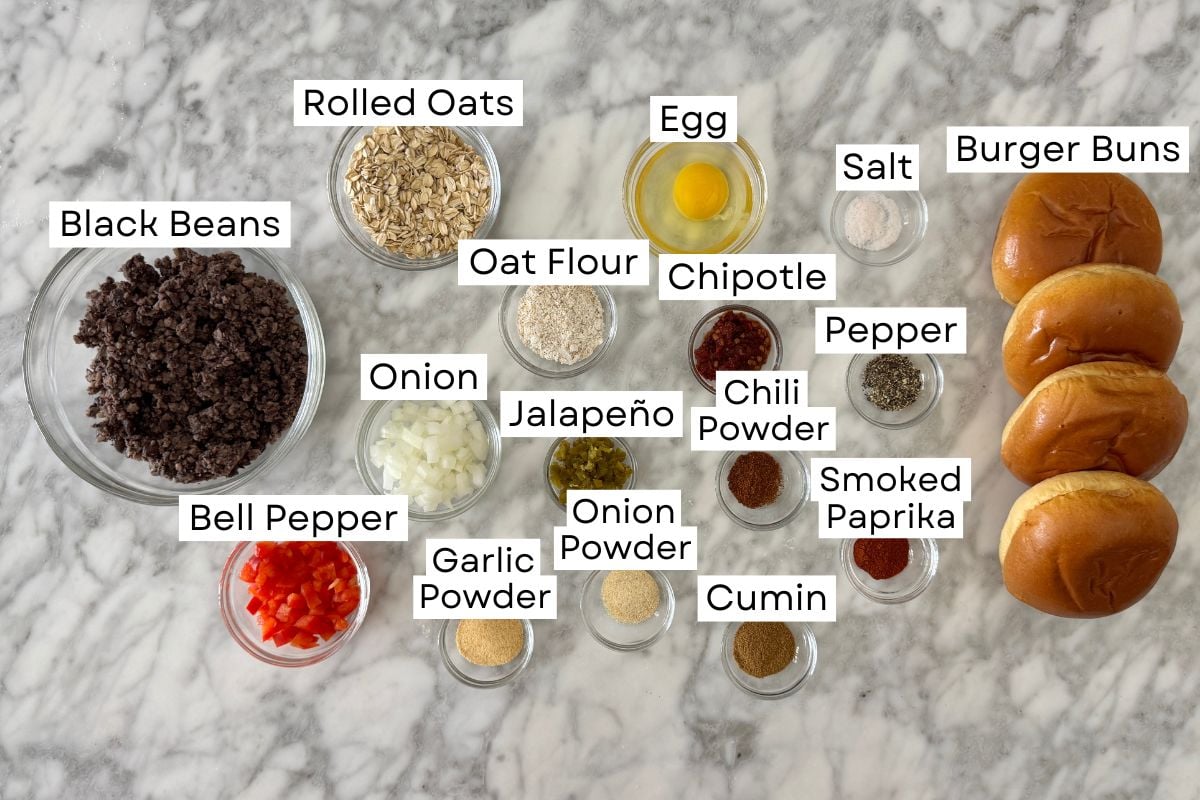 Ingredients for chipotle black bean burgers in bowls.