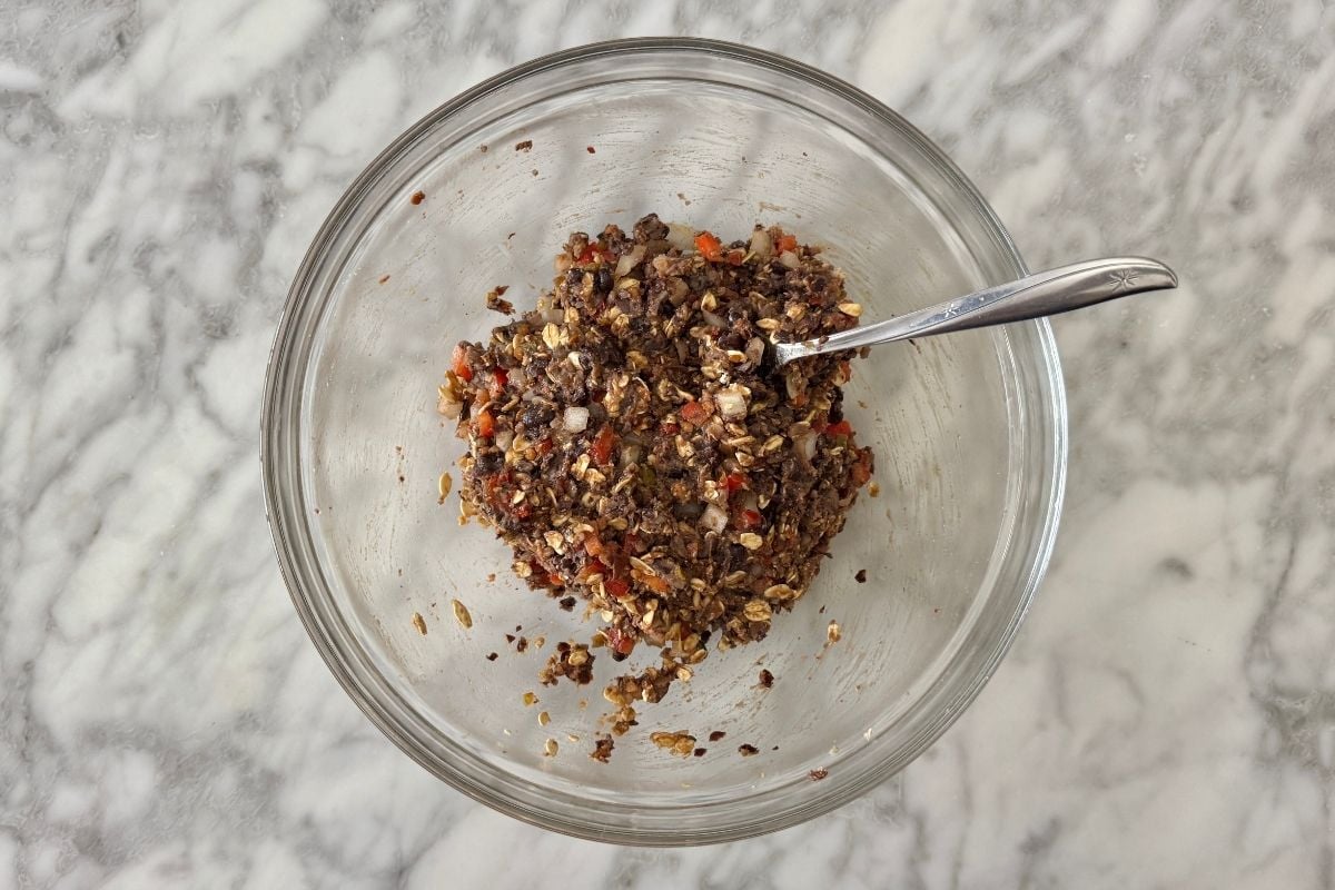 Mixed black bean burgers mixture in bowl.