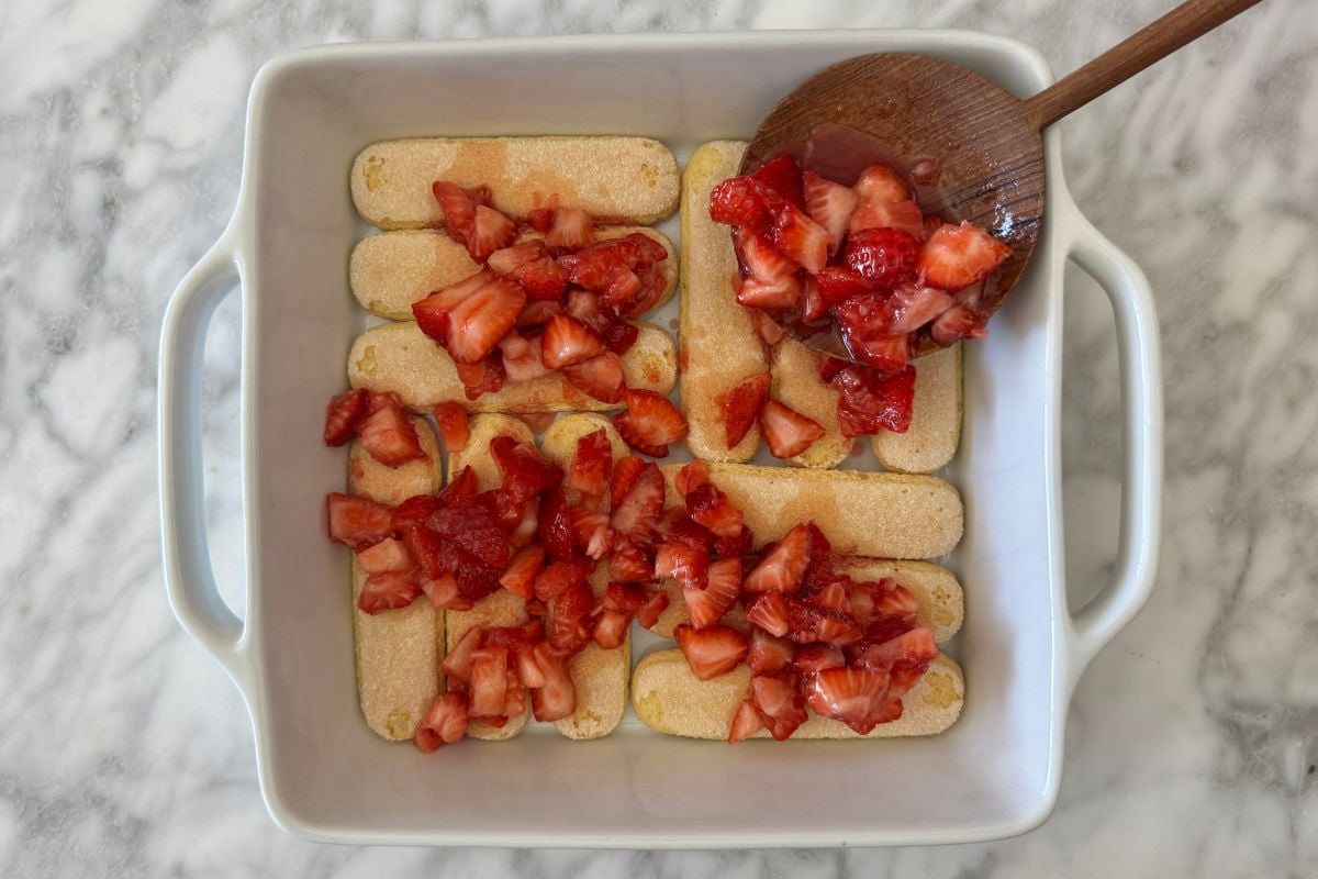 Strawberry mixture over ladyfingers.