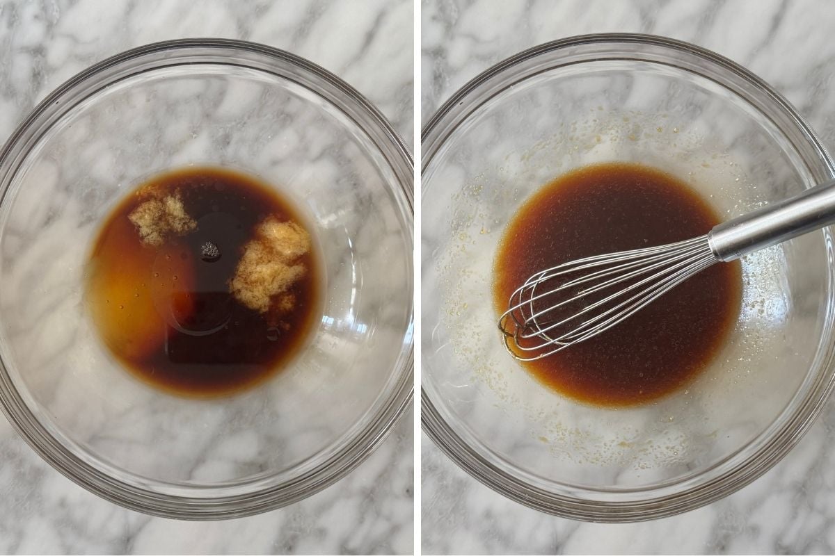Whisked wet ingredients for peanut dressing in bowl | Healthy Foodie Girl Whisked wet ingredients for peanut dressing in bowl.