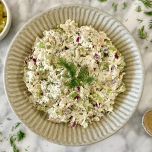 Dill Pickle Chicken Salad with Greek Yogurt served in a bowl.