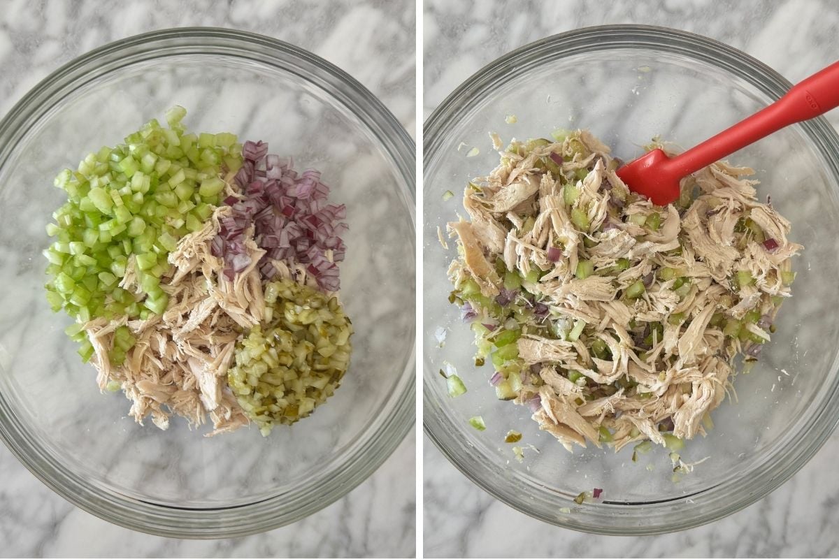 Dill pickle chicken salad ingredients in bowl.