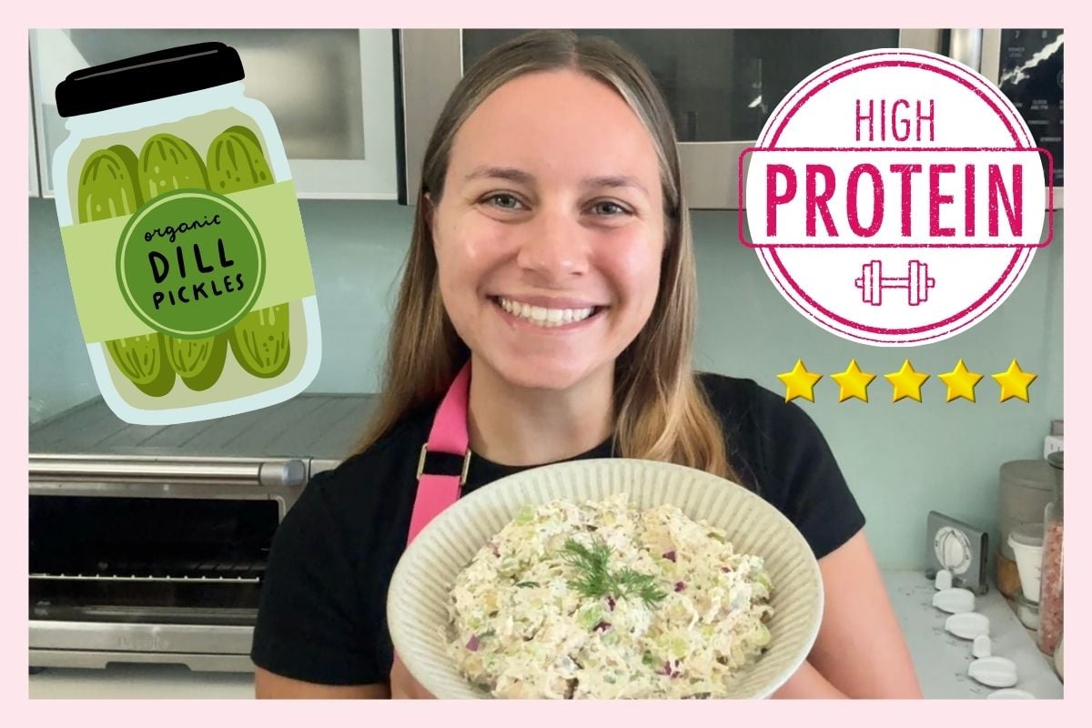 Ella from Healthy Foodie Girl holding dill pickle chicken salad.