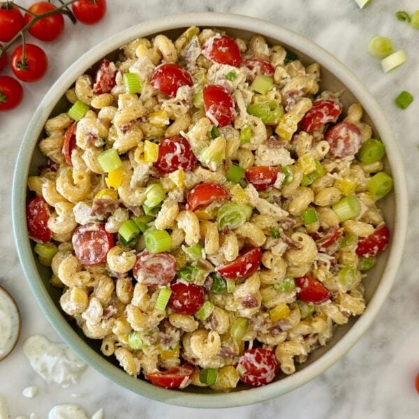 High-Protein Chicken Bacon Ranch Pasta Salad.