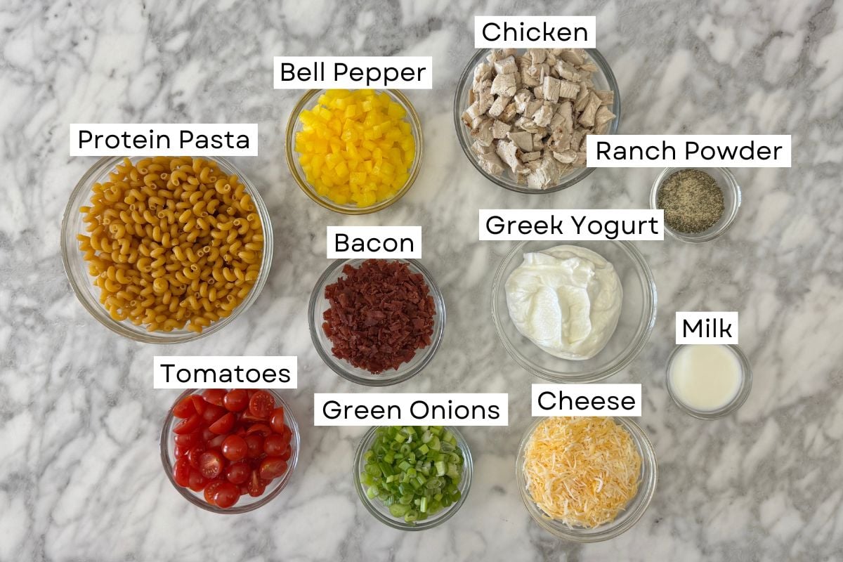 Ingredients for chicken bacon ranch pasta salad.