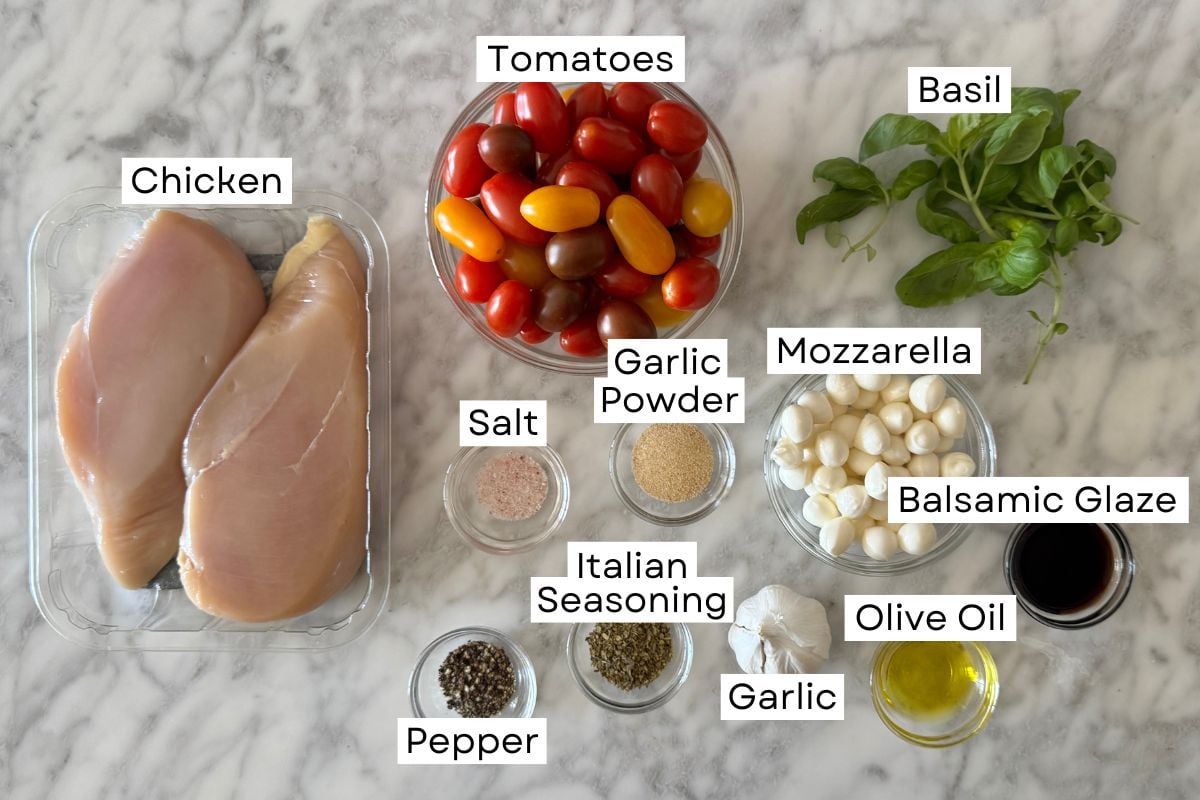 Ingredients for sheet pan caprese chicken in bowls | Healthy Foodie Girl Ingredients for sheet pan caprese chicken in bowls.