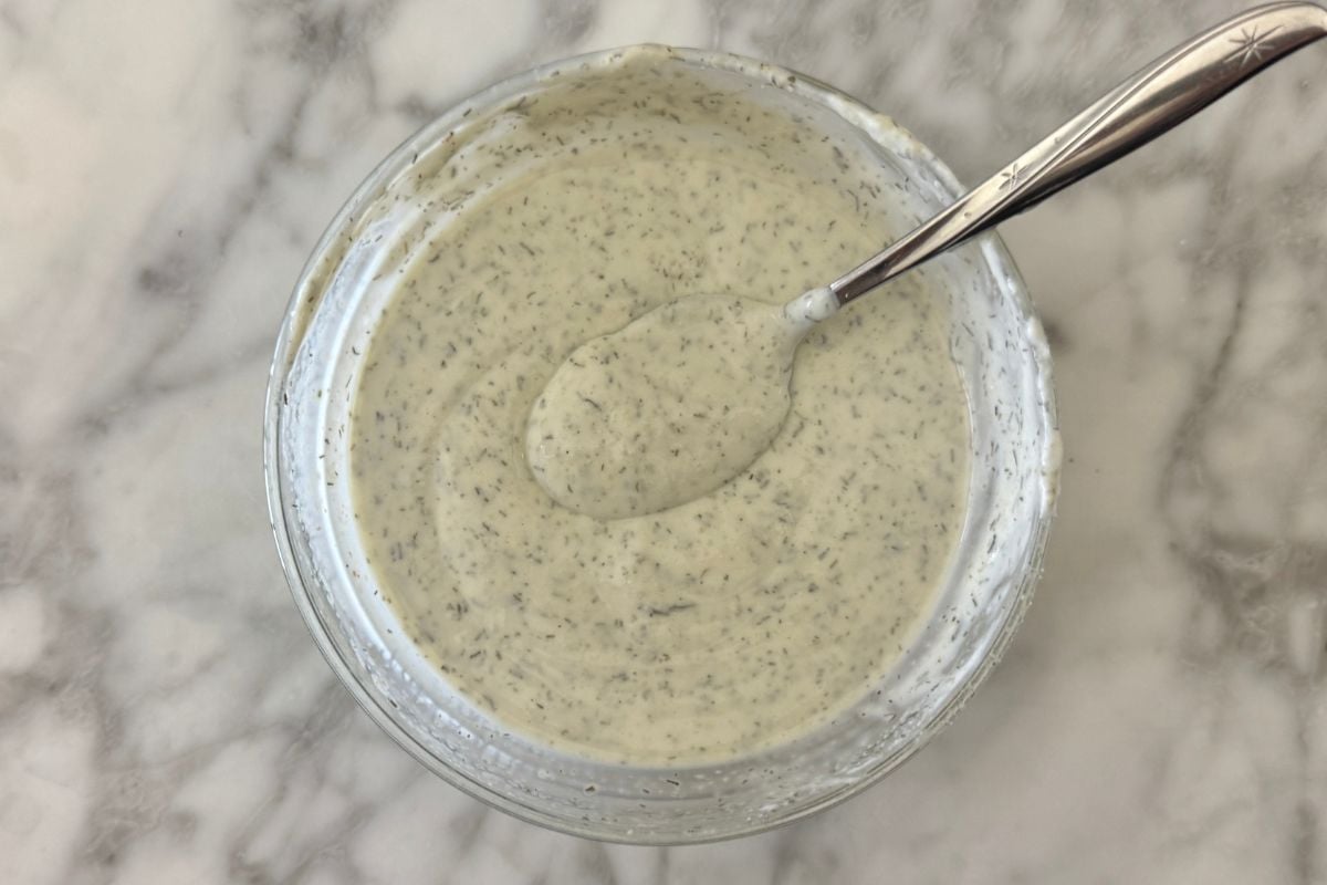 Ranch dressing for pasta salad in a bowl.