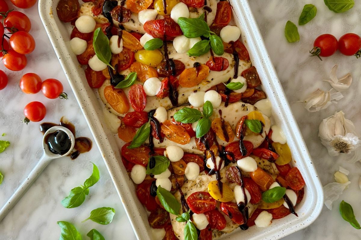 Sheet Pan Caprese Chicken recipe on a sheet pan | Healthy Foodie Girl Sheet Pan Caprese Chicken recipe on a sheet pan.