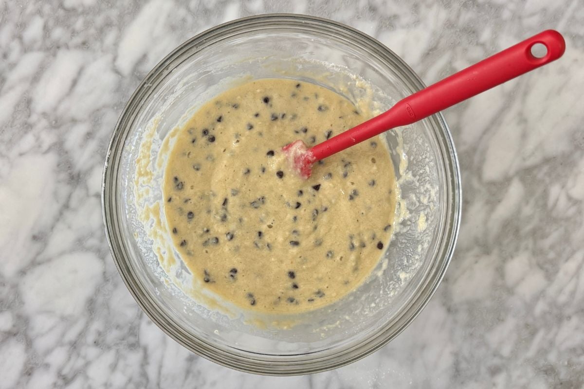 Chocolate chips folded into muffin batter | Healthy Foodie Girl Chocolate chips folded into muffin batter.