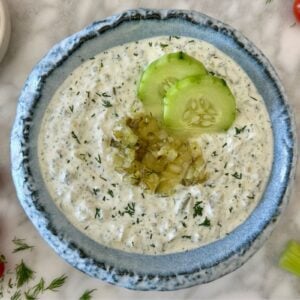 Dill Pickle Dip with Greek Yogurt in a bowl | Healthy Foodie Girl Dill Pickle Dip with Greek Yogurt in a bowl.